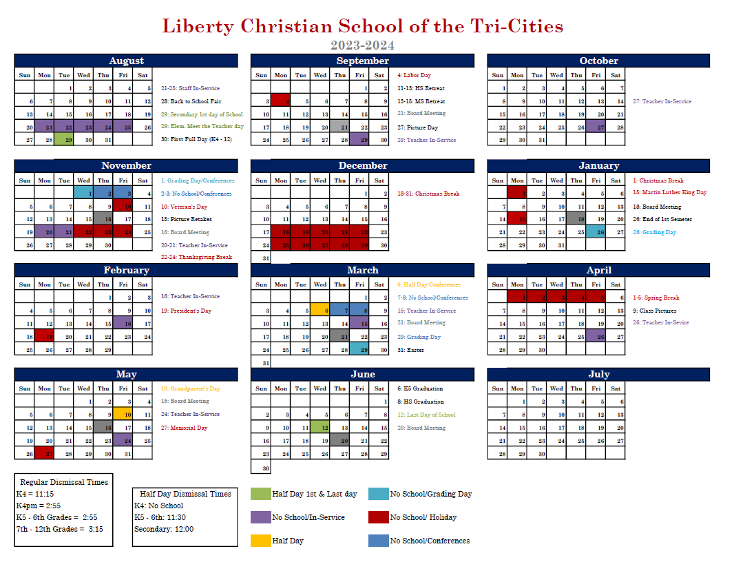 Master Annual Calendar Liberty Christian School